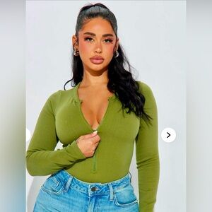 NEW TAGS Fashion Nova Serena Zipper Seamless Cheeky Bodysuit Olive Green SMALL/S